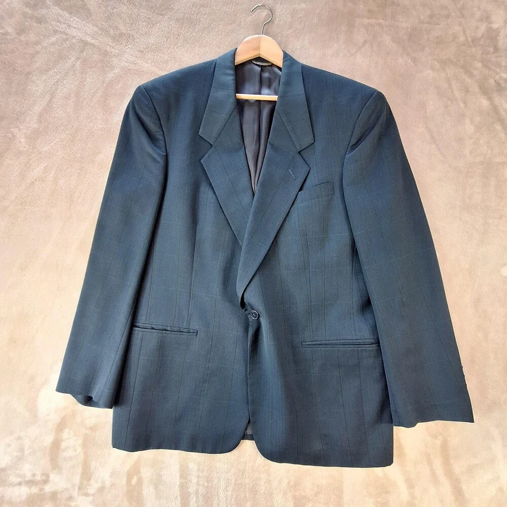 Vintage Christian Dior Suit Jacket Mens 44 Blue Herringbone Ventless 2 Btn